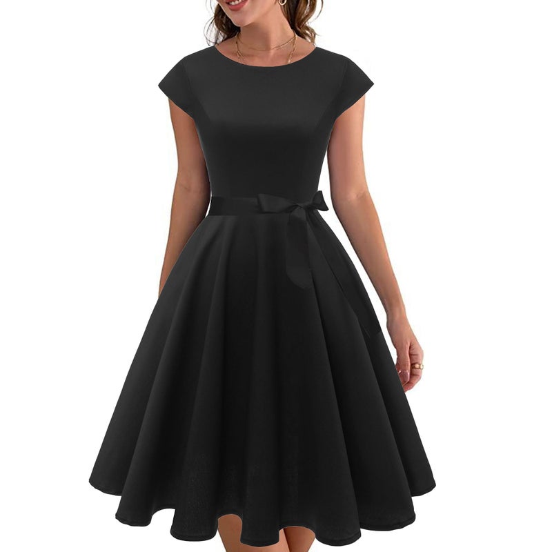 PUKAVT Women's 1950 Boatneck Cap Sleeve Vintage Swing Cocktail Party Dress with Pockets Black S - Image 1
